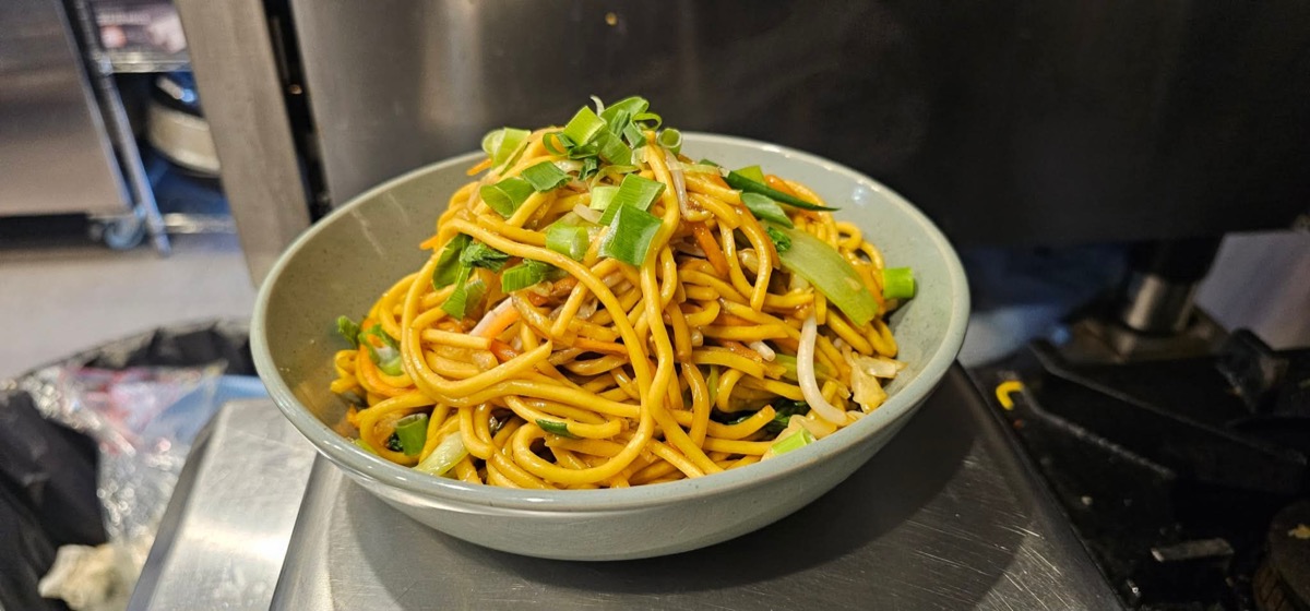 A bowl of fried noodles with spring onion and vegetables