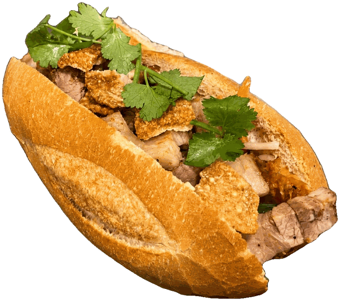 A roast pork bánh mì roll with crackling and fresh coriander