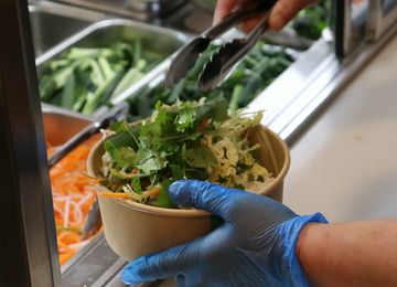 A fresh salad bowl topped with herbs and pickled veg