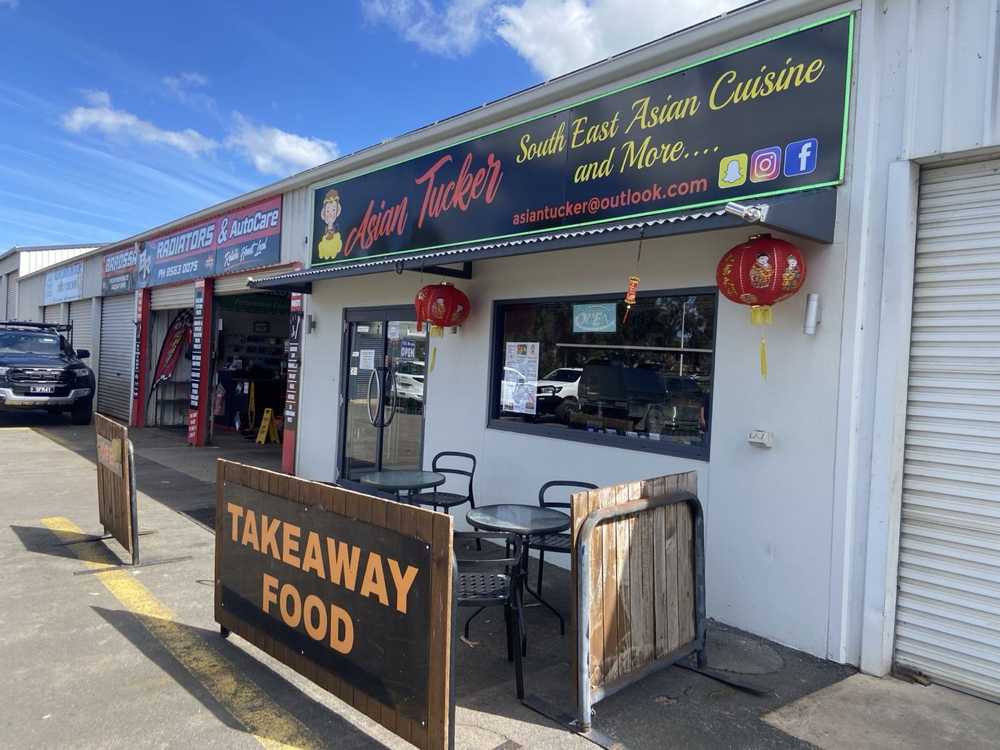 The Asian Tucker shopfront at Shop 3, 1A Para Road, Tanunda, with a Takeaway Food sign out the front
